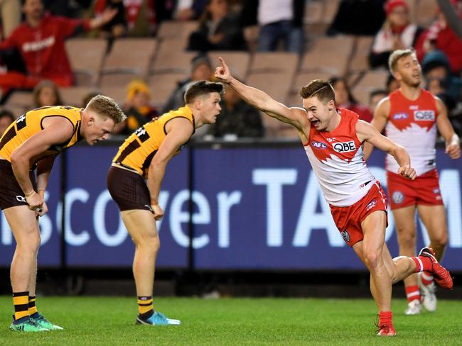 Ben Ronke of the Swans celebrates after kicking his sixth goal during the Round 8 AFL match between the Hawthorn Hawks and the Sydney Swans at the MCG in Melbourne, Friday, May 11, 2018. (AAP Image/Joe Castro) NO ARCHIVING, EDITORIAL USE ONLY