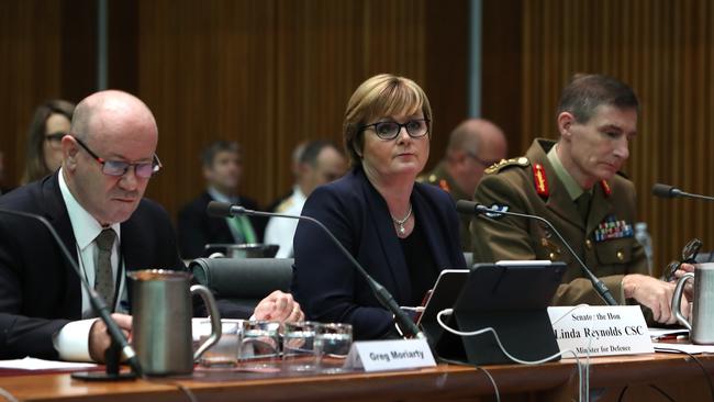 Minister for Defence Linda Reynolds, centre, at a Senate Estimates hearing in Canberra. Picture Kym Smith