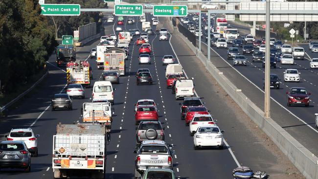 Traffic heading out of Melbourne after lockdown in Melbourne and the ring of steel came to an end overnight. Picture: David Crosling