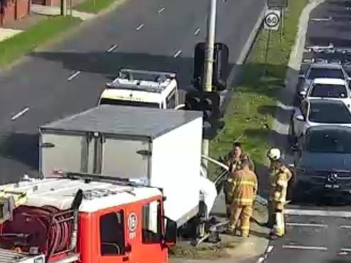 Emergency services responded to reports of a truck crashing into a pole on Banksia St in Lower Heidelberg about 10 am on Wednesday.