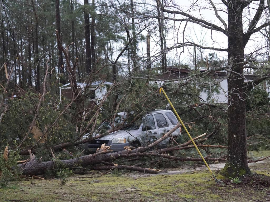 A vehicle is caught under downed trees along Lee Road 11 in Beauregard, Alabama. Picture: AP