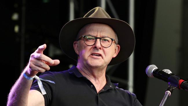 Anthony Albanese speaks at the Woodford Folk Festival in Queensland on Wednesday. Picture: NCA Newswire / Claudia Baxter