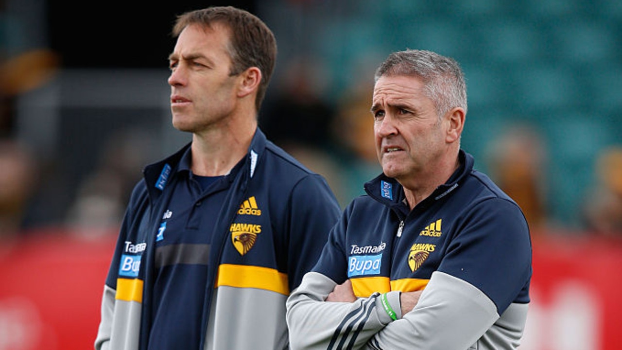 LAUNCESTON, AUSTRALIA - AUGUST 29: Alastair Clarkson, Senior Coach of the Hawks looks on with Chris Fagan, General Manager Football Operations during the 2015 AFL round 22 match between the Hawthorn Hawks and the Brisbane Lions at Aurora Stadium, Launceston, Australia on August 29, 2015. (Photo by Adam Trafford/AFL Media/Getty Images)