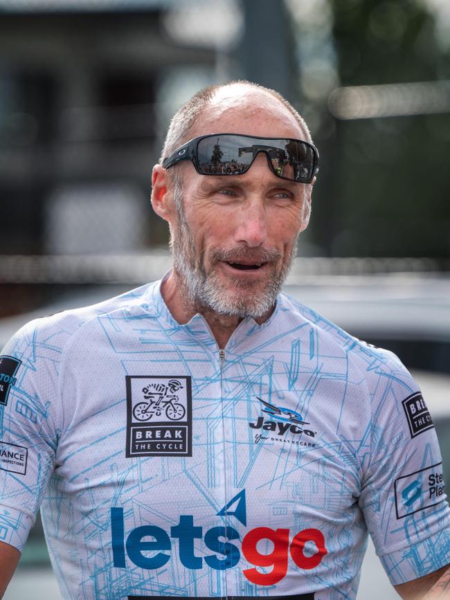 AFL Legend Tony Lockett arrives in Mornington after a charity ride. Picture: Tony Gough