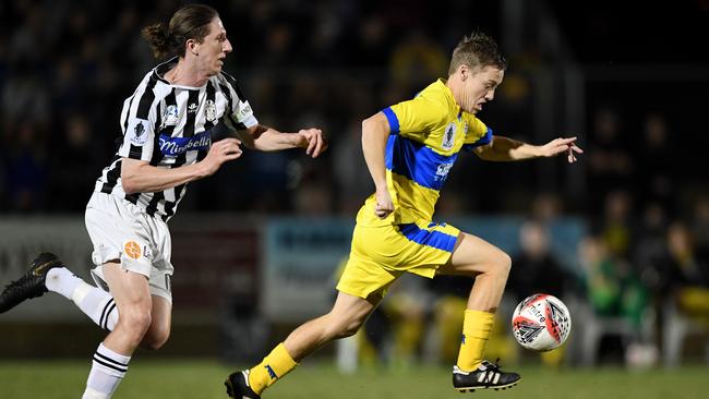 Fraser Hills got on the scoresheet for the Strikers in the smei-final at Perry Park. Picture: AAP