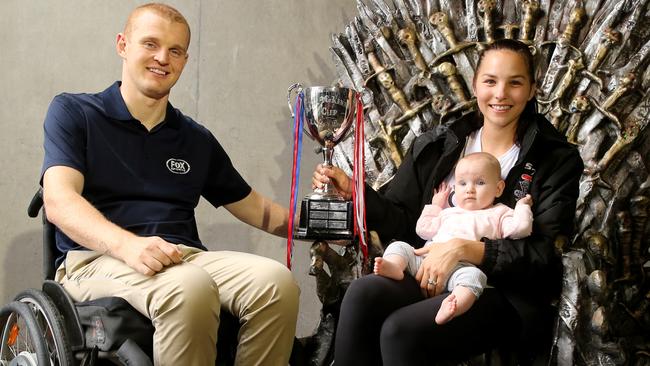 Alex McKinnon with wife Teigan and daughter Harriet in early 2019. Picture: Nathan Edwards