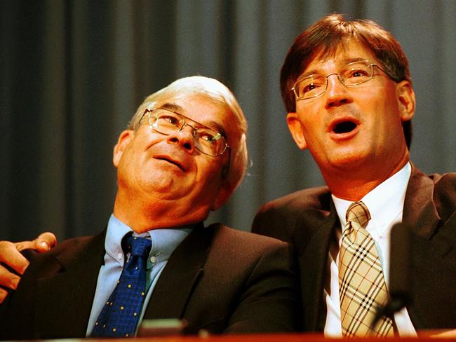 Burston and Oldfield at press conference in Parliament house in 2003.