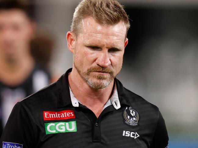 BRISBANE, AUSTRALIA - OCTOBER 10: Nathan Buckley, Senior Coach of the Magpies looks on during the 2020 AFL First Semi Final match between the Geelong Cats and the Collingwood Magpies at The Gabba on October 10, 2020 in Brisbane, Australia. (Photo by Michael Willson/AFL Photos via Getty Images)