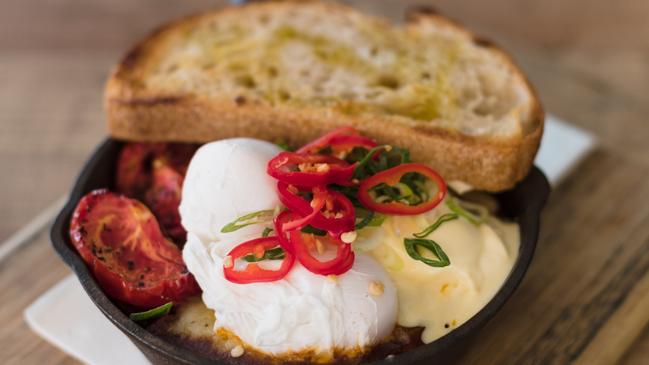 Broadbeach Beachside Pavilion savoury mince – free range poached eggs, grilled tomato, crème fraiche and fresh chilli.