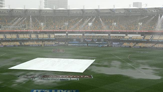 The Gabba copped plenty of rain on Saturday afternoon. Picture: Getty Images