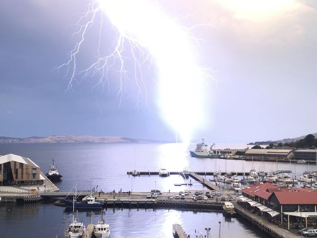 Lightning strike over the River Derwent. Picture: Kellie Foster