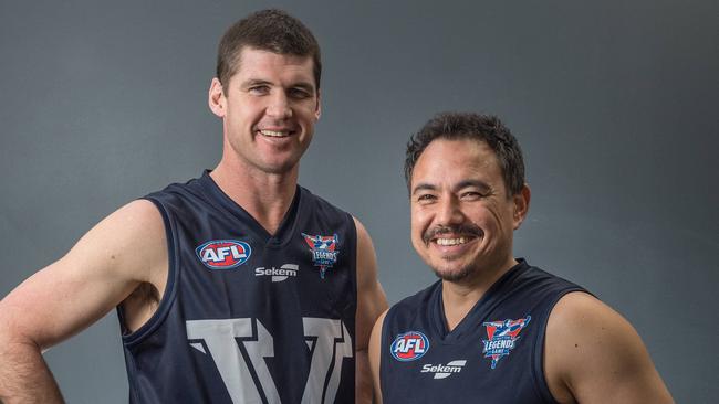 Jonathan Brown and Sam Pang in their jumpers for the EJ Whitten Legends Game. Picture: Jake Nowakowski