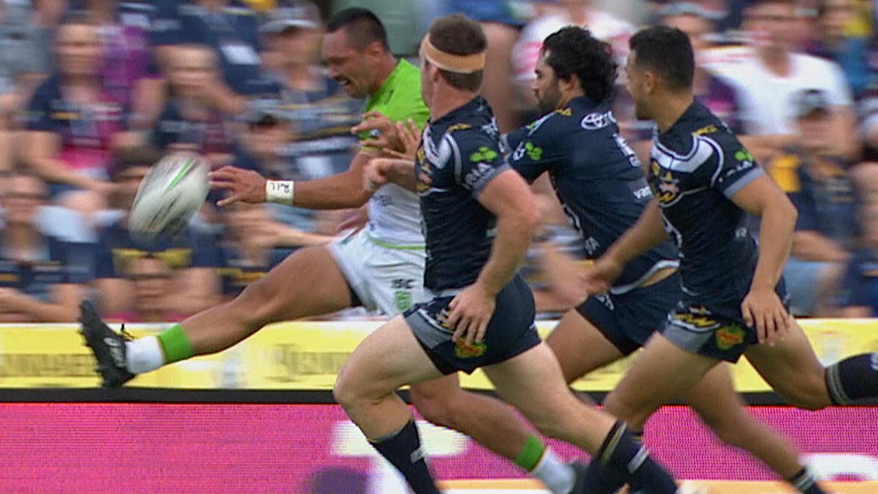 Jordan Rapana produces a brilliant kick pass for Joey Leilua to score.