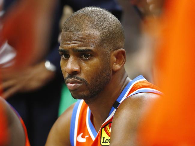 BOSTON, MASSACHUSETTS - MARCH 08: Chris Paul #3 of the Oklahoma City Thunder looks on in a timeout during the second quarter of the game against the Boston Celtics at TD Garden on March 08, 2020 in Boston, Massachusetts. NOTE TO USER: User expressly acknowledges and agrees that, by downloading and or using this photograph, User is consenting to the terms and conditions of the Getty Images License Agreement. (Photo by Omar Rawlings/Getty Images)