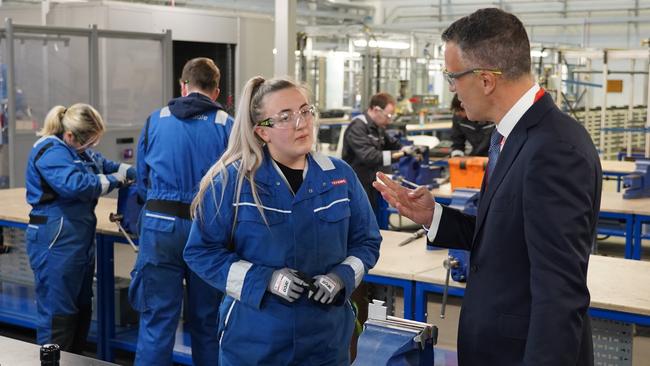 Premier Peter Malinauskas talking to workers at the Barrow-in-Furness nuclear submarine shipyard operated by BAE Systems.