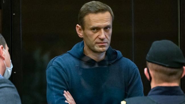 Russian opposition leader Alexei Navalny inside a glass cell during a court hearing in Moscow on February 2021. Picture: AFP