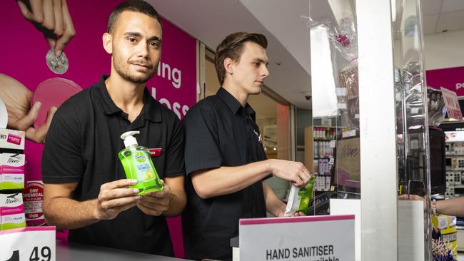 Priceline Alice Springs staff members Mitchell Rosewood (left) and Darcy McKinnon in February, 2023. Picture: Kevin Farmer