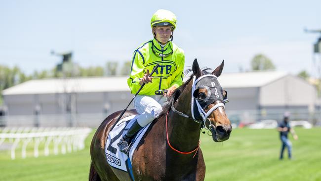 Lachlan Neindorf celebrates a win aboard Hasseltoff at Morphettville in January. Picture: Makoto Kaneko