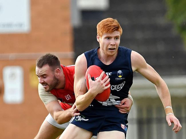 18/05/19 - SANFL: North Adelaide v South Adelaide at Prospect Oval.  Norths' Max Thring tackles Souths' Joseph Haines. Picture: Tom Huntley