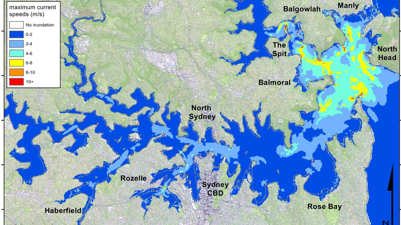 A map modelling the effects of a tsunami on Sydney Harbour.