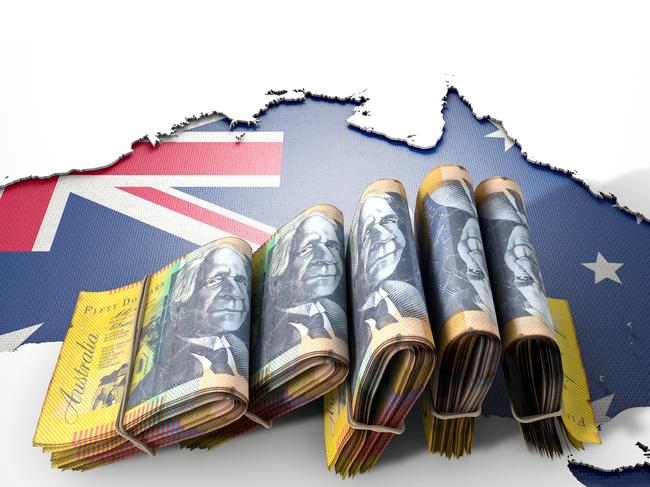 The shape of the country of Australia in the colours of its national flag recessed into an isolated white surface with a wad of folded Australian Dollar notes resting on it; ; superannuation saving generic