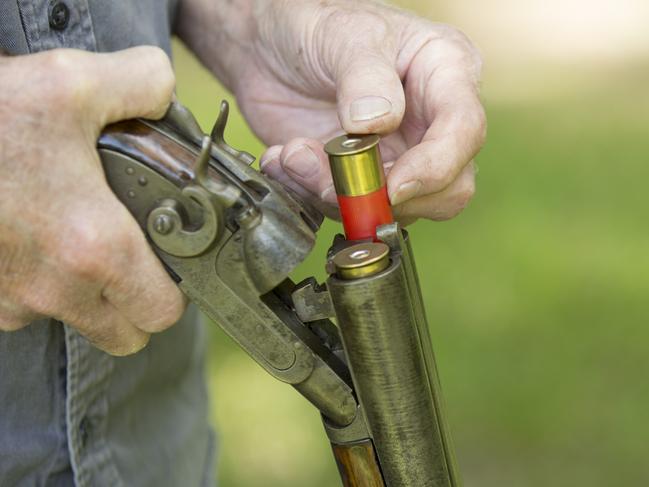 Senior Man  loading an antique 12 gauge double barred shot gun.  He is testing it prior to purchase or sell.  He is outside, green grass in background.