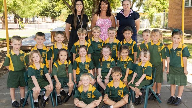 My First Year 2023: St Stephen's Catholic Primary School, Pittsworth Prep Gold teaching staff (from left) Brittany Robinson, Simone Porter, Rachel O'Connell with students (Back, from left) Hugo, Jack, Thomas, Owen, Casey, Harry, Ellie, Arthur, Lizzie and Zoe and (centre, from left) Thea, Sophia, Olivia, Hannah, Morgan and Sophie and (front) Logan (left) and Mitch, March 2023. Picture: Bev Lacey