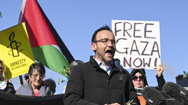 Greens leader Adam Bandt, Senator Jordon Steele-John, Max Chandler-Mather and Senator Mehreen Faruqi attend a pro Palestine rally in front of Parliament House in Canberra on Thursday. Picture: NCA NewsWire/Martin Ollman