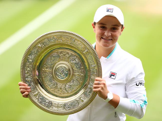 Ash Barty with the Venus Rosewater dish. Picture: Getty Images