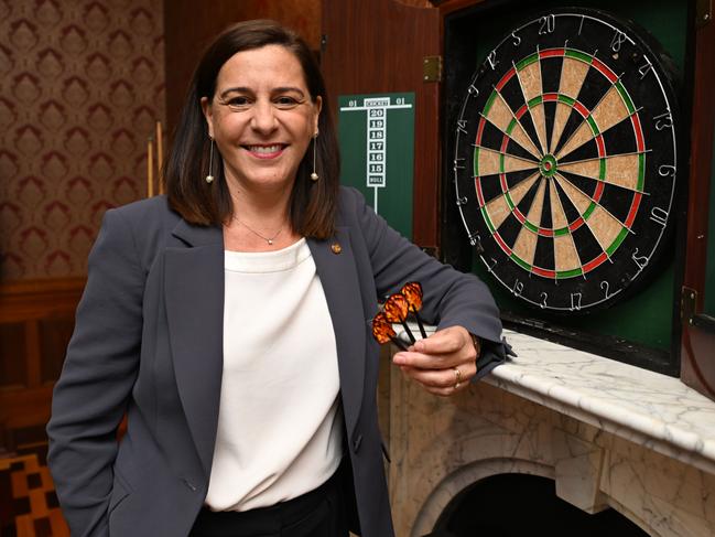 Former opposition leader and LNP Member for Nanango Deb Frecklington shows her dart skills at Parliament House. Picture: Dan Peled/NCA NewsWire