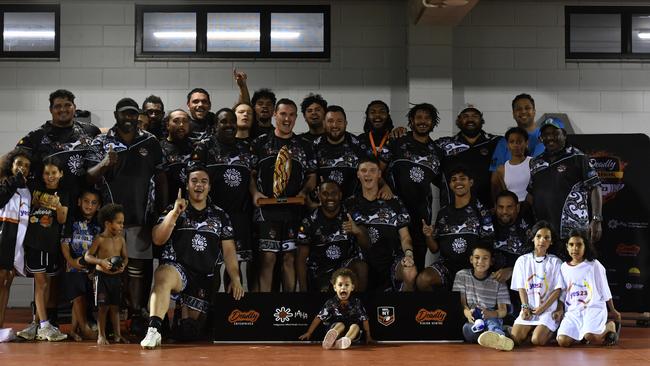 Indigenous All Stars players celebrate their win after 2023 Deadly Cup Carnival men’s match. Picture: Pema Tamang Pakhrin