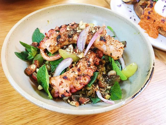 Chargrilled octopus, with lentils, chimichurri, red onion, almonds and grapes. Photo: Dianne Mattsson