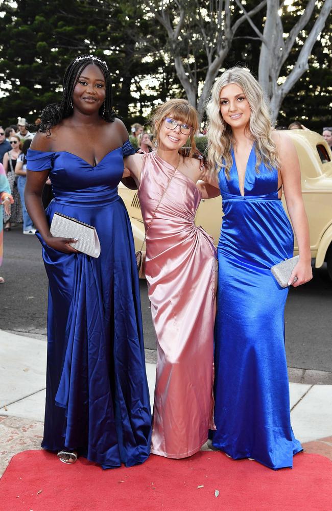 Angel Muore, Evie Handley and Kaylee Tierney at Centenary Heights State High School formal. Picture; Patrick Woods.