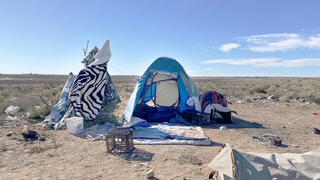 Tent camps have sprung up on the outskirts of Ceduna, where people sleeping rough are being sold illegal alcohol. Picture: Douglas Smith