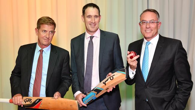 Former Seven West Media CEO Tim Worner, Cricket Australia CEO James Sutherland and Fox Sports CEO Patrick Delaney i nhappier times after announcing a partnership in 2018