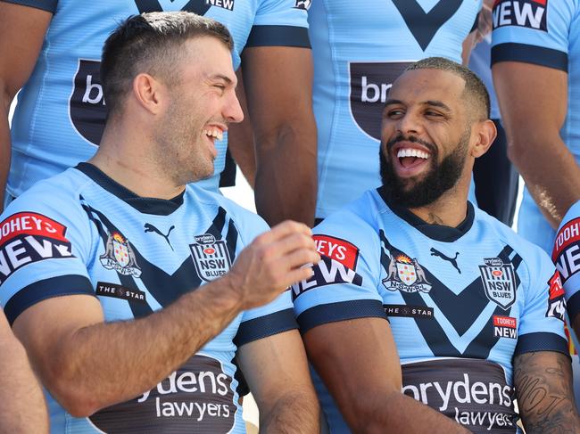 Brydens Lawyers NSW Blues State of Origin team photo at Coogee Surf Club this morning ahead of this year's competition. James Tedesco is pictured chatting with Josh Addo-Carr and Brian To'o. Picture: David Swift