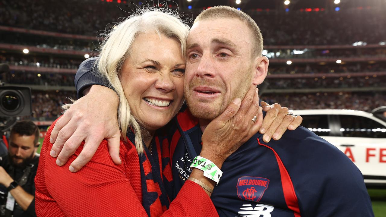 Melbourne president Kate Roffey with coach Simon Goodwin after the Demons’ drought-breaking premiership. Picture: Michael Klein