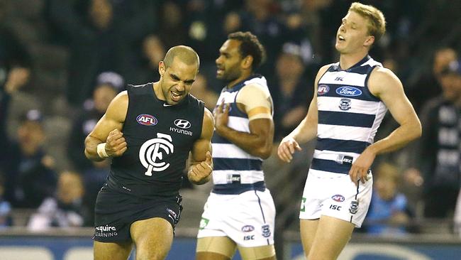 Chris Yarran kicked one of the goals of the season against Geelong. Picture: Wayne Ludbey