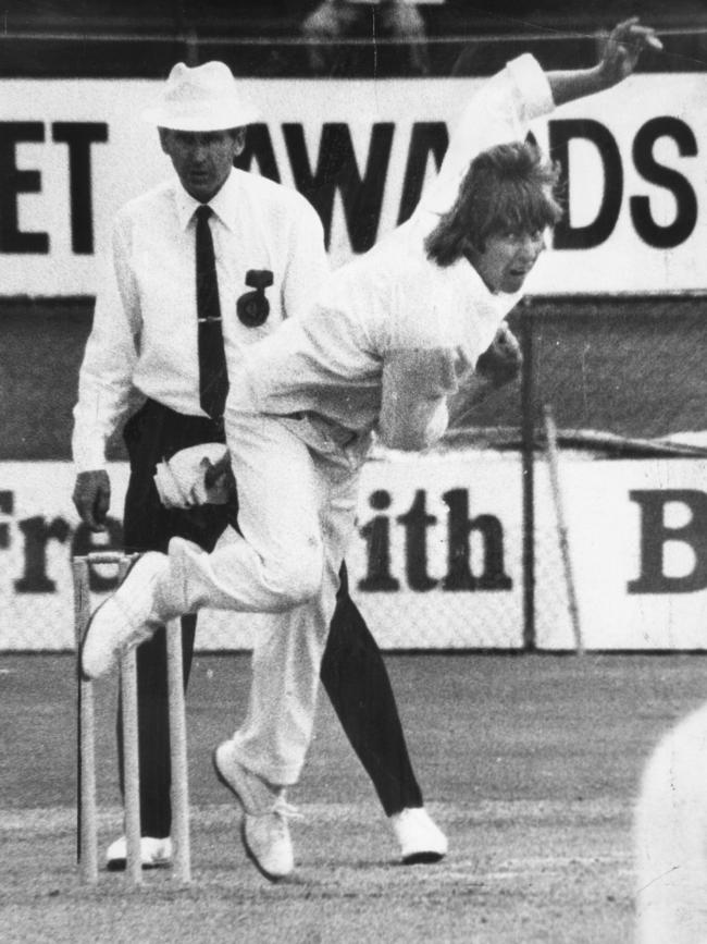 Jeff Thomson bowling at the Gabba against England in 1974