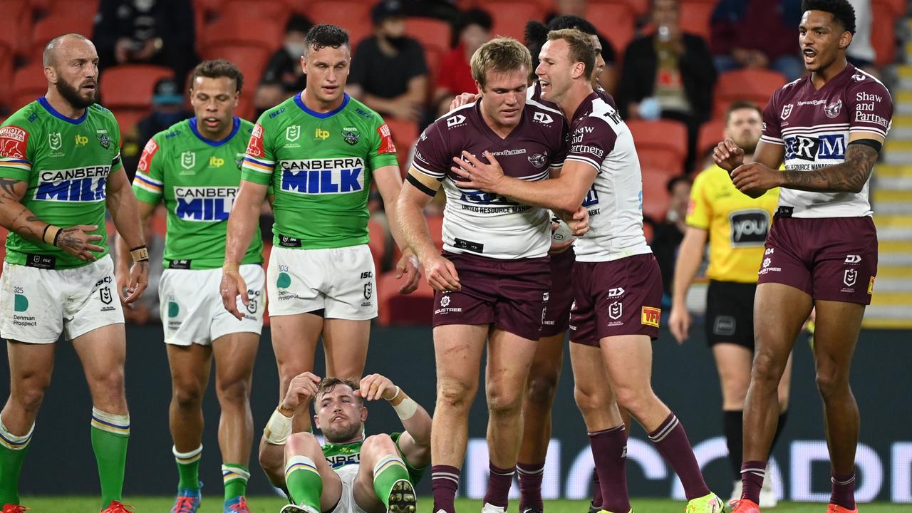 Down by two tries at halftime, the Sea Eagles clawed their way back into the contest. Picture: NRL Images