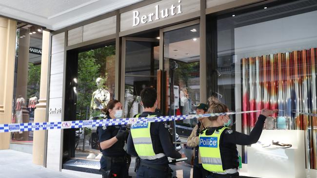 Police are investigating a ram raid robbery at the Berluti store in Melbourne’s CBD. Picture: NCA NewsWire/ David Crosling