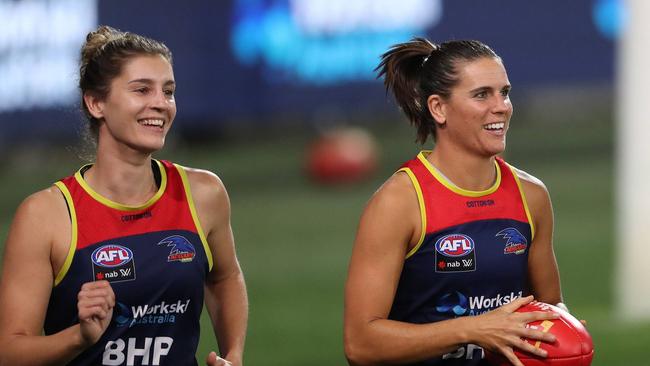 Jasmyn Hewett with Chelsea Randall at training. Picture: Adelaide Crows.