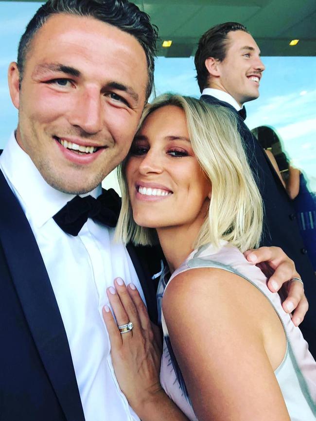 The couple at the wedding of Burgess’s teammate Damien Cook in November 2018, before they first split. Picture: Instagram