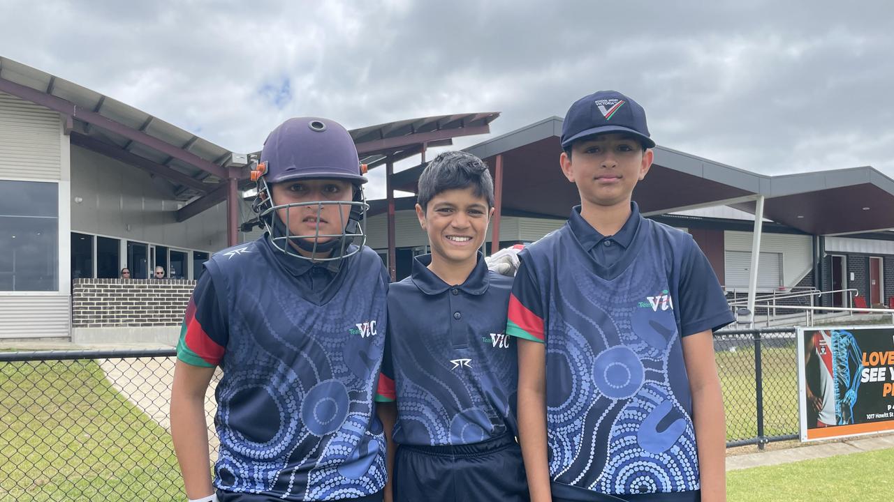 Victoria Blue players Mikail Farooqi, Shaunak Parab and Rayanjot Singh get ready to play the final group match against Victoria White. Picture: Shane Jones.