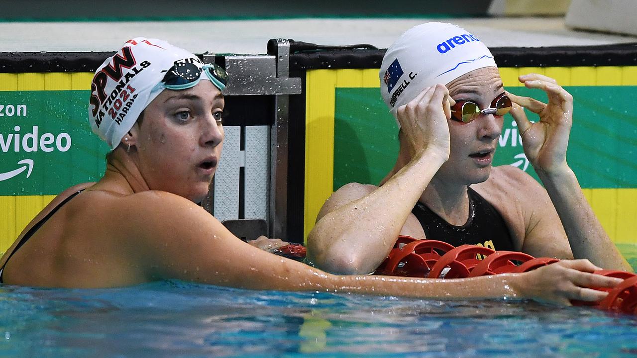 Meg Harris and Cate Campbell after finishing their women's 100m freestyle heat on Wednesday. Picture: Mark Brake/Getty Images