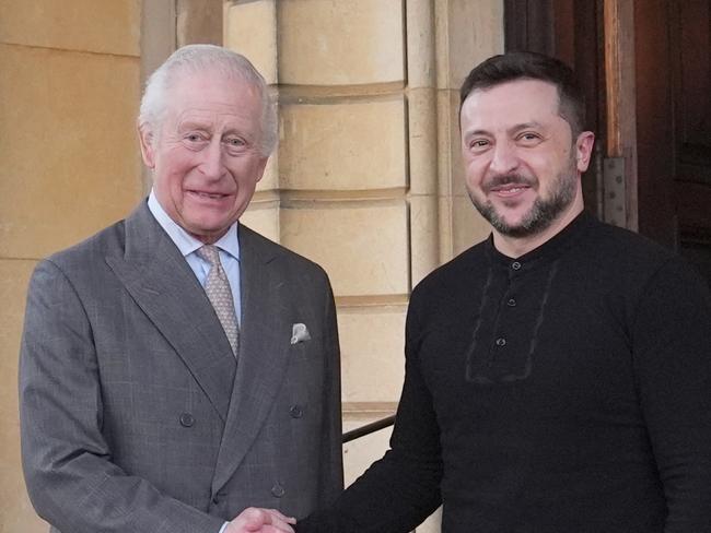 SANDRINGHAM, NORFOLK - MARCH 2: King Charles III (L) greets Ukrainian President Volodymyr Zelensky during a visit to the Sandringham Estate on March 2, 2025 in Sandringham, Norfolk. (Photo by Joe Giddens - WPA Pool/Getty Images)