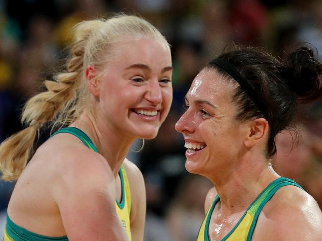 Jo Weston (left) and Ash Brazill of Australia celebrate winning game Four of the Constellation Cup between Australia and New Zealand at RAC Arena in Perth, Sunday, October 27, 2019. (AAP Image/Richard Wainwright) NO ARCHIVING