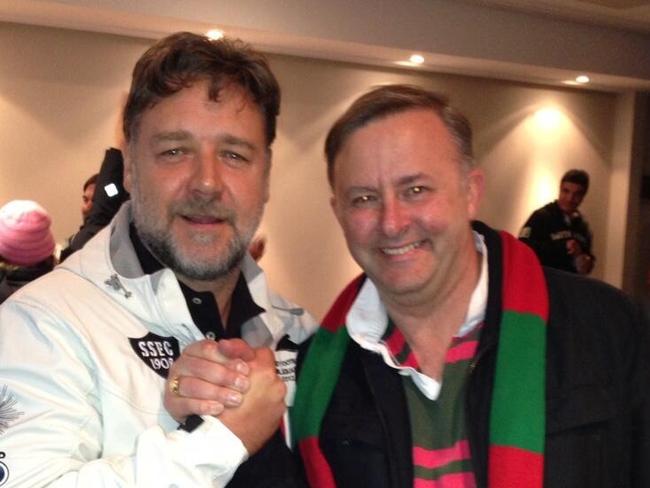 Anthony Albanese, picture with Rabbitoh’s co-owner Russell Crowe, is still showing is true colours, despite the Bunnies being bottom of the ladder.