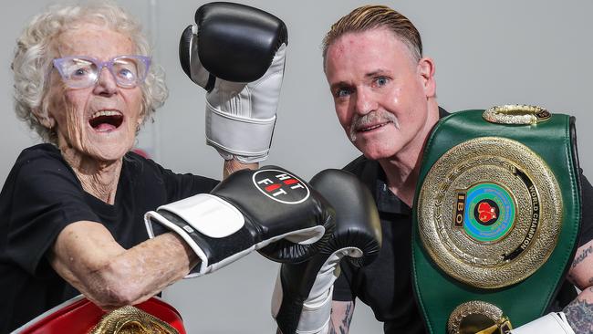 Boxing Grandma Elsie Humphrey, a 91-year-old grandmother has taken up boxing. She trains at Hit Fit gym in Ravenhall. Her favourite boxer is Lester Ellis. Lester's son Darcy is the founder of Hit Fit. Picture: Ian Currie