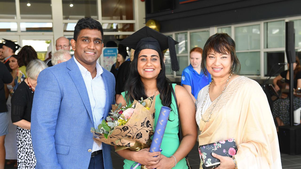 Akeel Hyder, Suhithri Paranamanage and Lorainne Cooray at the James Cook University 2023 Graduation. Picture: Shae Beplate.